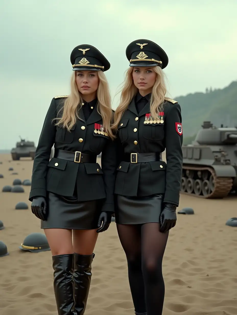 Blonde-German-Female-Soldiers-Posing-as-Fashion-Models-on-Omaha-Beach-with-Panzer-Tanks