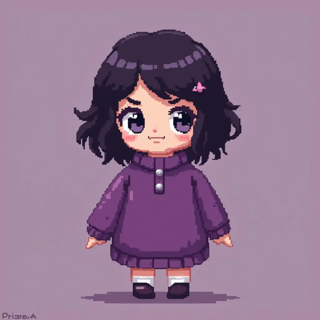 Create a pixel art character of a miniature girl with  hair and wearing purple.she mad