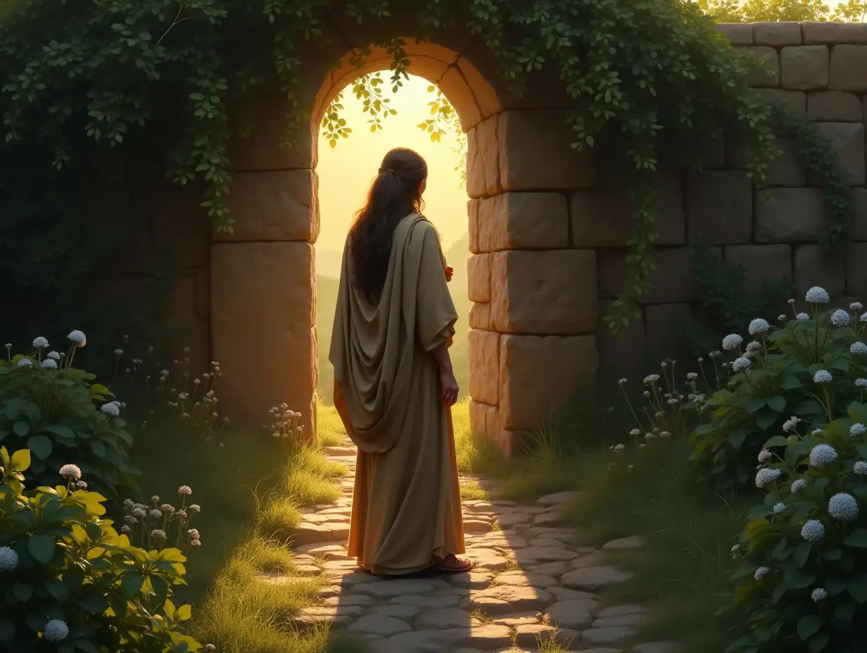 A soft, pre-dawn glow filters through the lush greenery of a tranquil garden, where delicate dew-covered leaves and fragrant blossoms frame the entrance to a small stone tomb. Before it stands a woman, Mary Magdalene, in humble first-century attire—her garments simple and earth-toned, her hair loosely covered by a worn shawl. Her posture is hesitant yet resolute, a silhouette against the gentle morning light as she tentatively peers inside the open tomb. Grief and longing are etched into her warm, expressive face, her eyes reflecting heartbreak and lingering disbelief. The atmosphere is hushed, like a held breath before a momentous revelation. Suddenly, behind her, a soft, radiant figure emerges—Jesus, once crucified and now quietly calling her name with compassionate intensity. His voice seems to ripple through the silence, and Mary’s startled turn toward this unexpected presence captures a fragile, joyful recognition. Render this scene with painterly realism, gentle contrasts of light and shadow, and a reverent serenity that conveys the transformative power of this intimate encounter—the very moment Mary Magdalene recognizes the risen Christ.