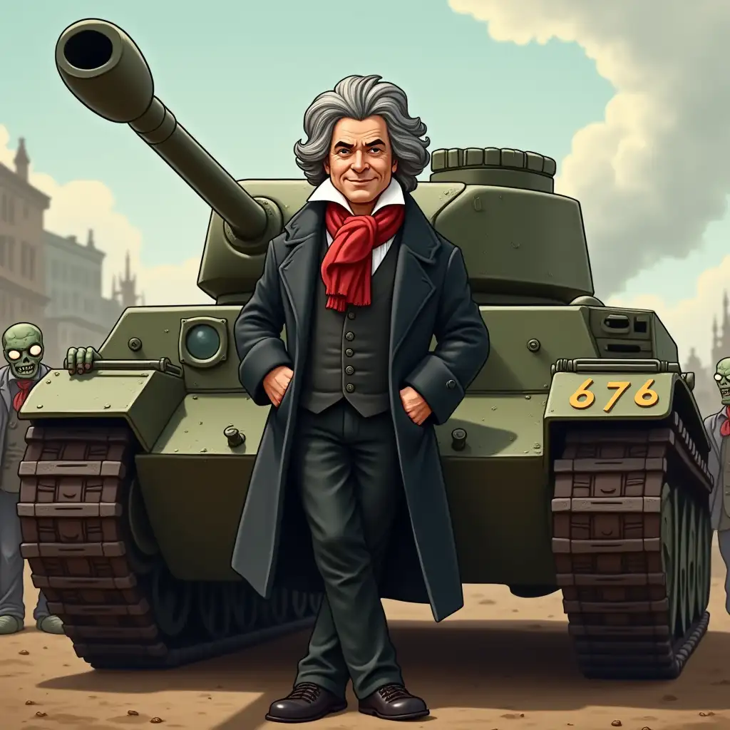 Beethoven-in-19th-Century-Attire-Leaning-on-Tank-Surrounded-by-Zombies