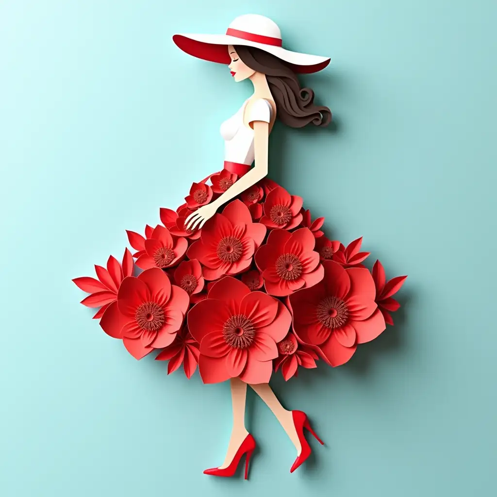 Paper art, woman figure, large red flower skirt, white sun hat with red brim, side profile, stylized, 3D paper cutout, floral elements, whimsical, vibrant colors, delicate details, red high heels, white top, light blue background, creative composition, surreal, fantasy, elegant pose, paper quilling technique, intricate design, spring theme, feminine, artistic, playful 