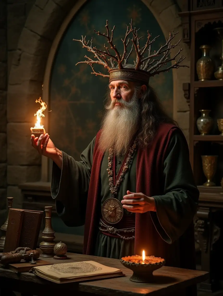 A wizard wearing a crown of branches summons the viewer to the hall of the ancient castle, his magical laboratory decorated with alchemical symbols, astrolabes and ancient maps and books