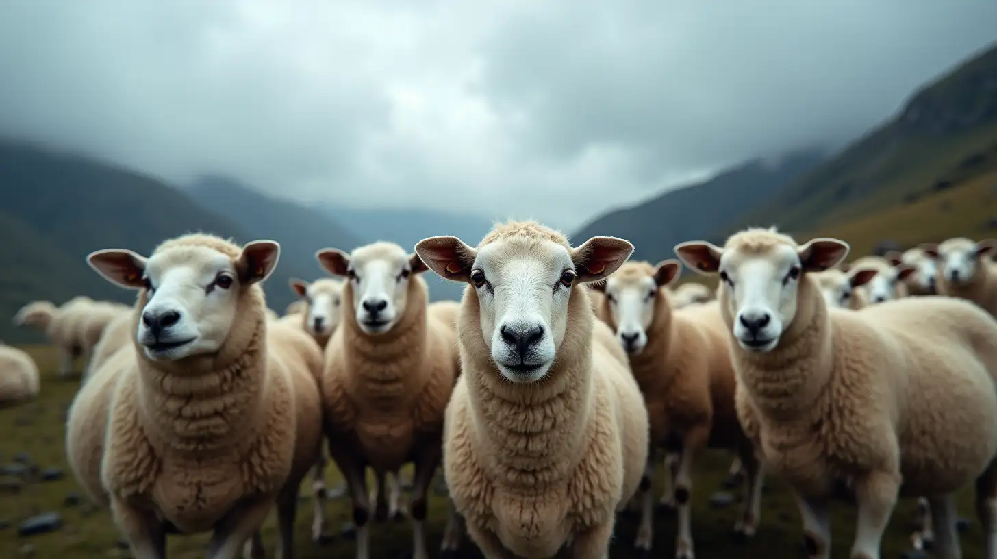 a close up of  a flock of sheep  facing the viewer,  on mountainous terrain and thick rain clouds in the sky above.