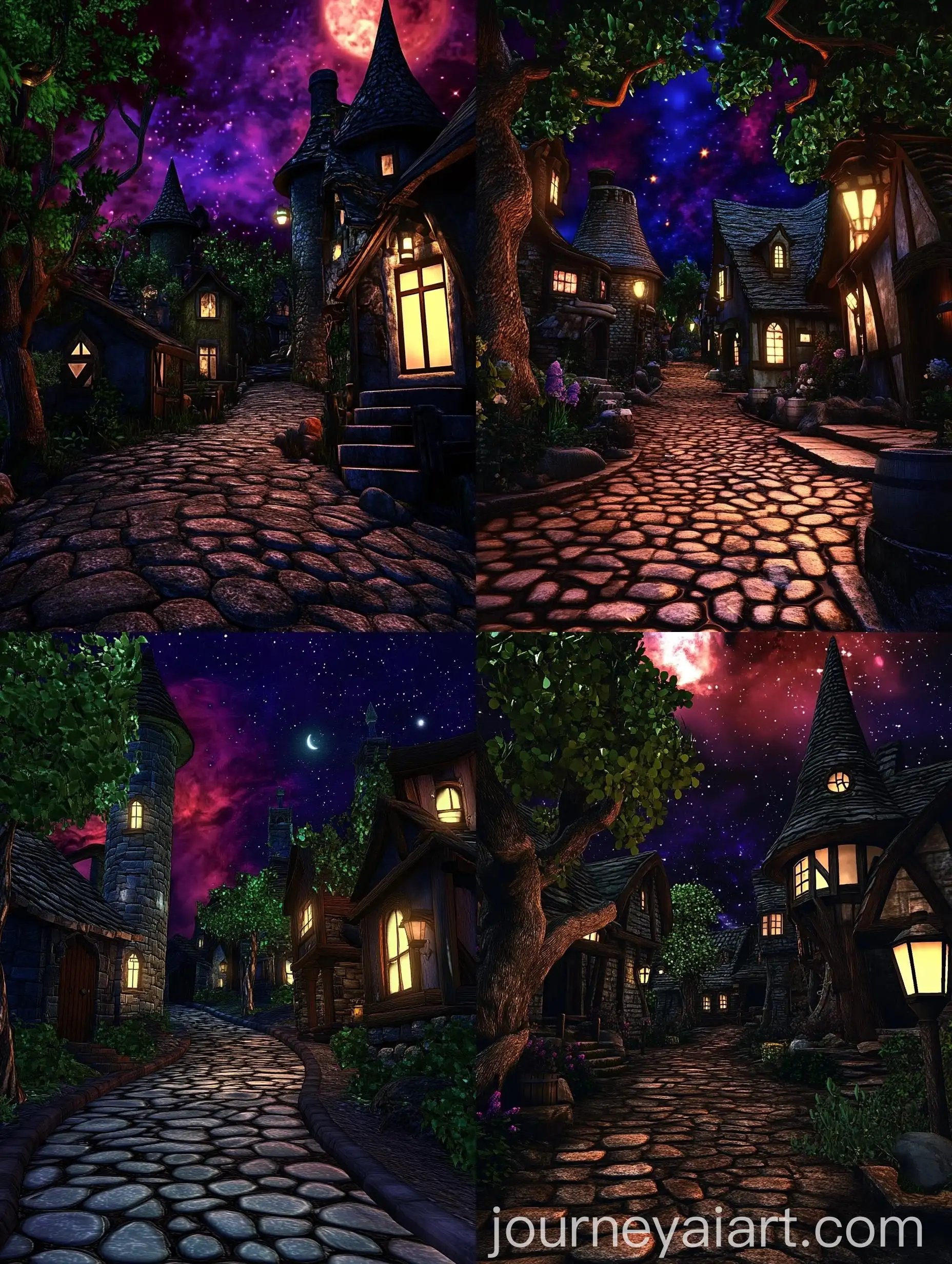 Retro-3D-Fantasy-Game-Screenshot-First-Person-Perspective-on-Cobble-Street-with-Red-Night-Sky