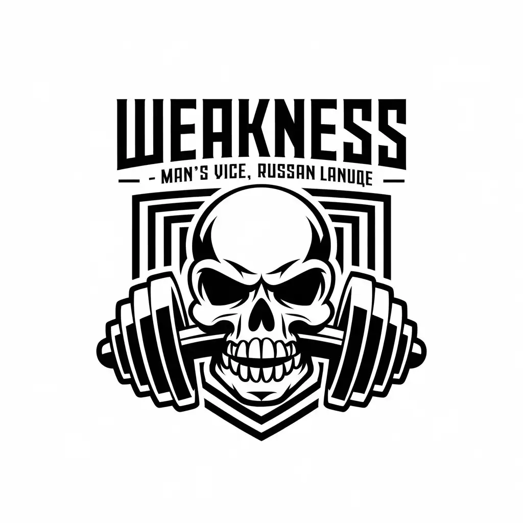 a vector logo design,with the text "Weakness - man's vice, Russian language", main symbol:a skull with dumbbells in mouth,complex,be used in Sports Fitness industry,clear background