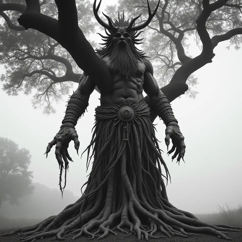 Ancient Tamil Tribal Warrior Giant Tree with Roots in Black and White