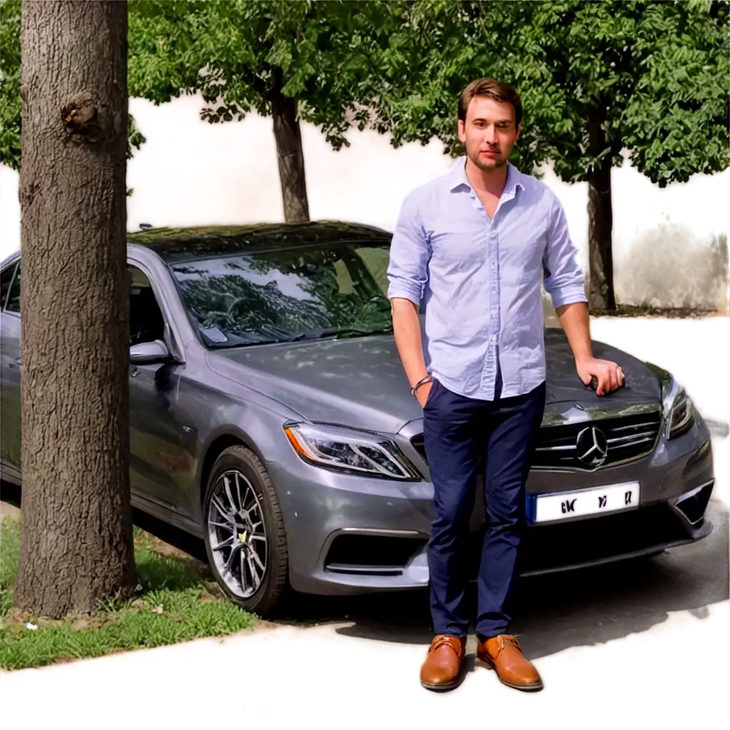 Luxury-Car-and-Man-Near-Tree-PNG-Image-Elegant-Composition-for-Online-Presence