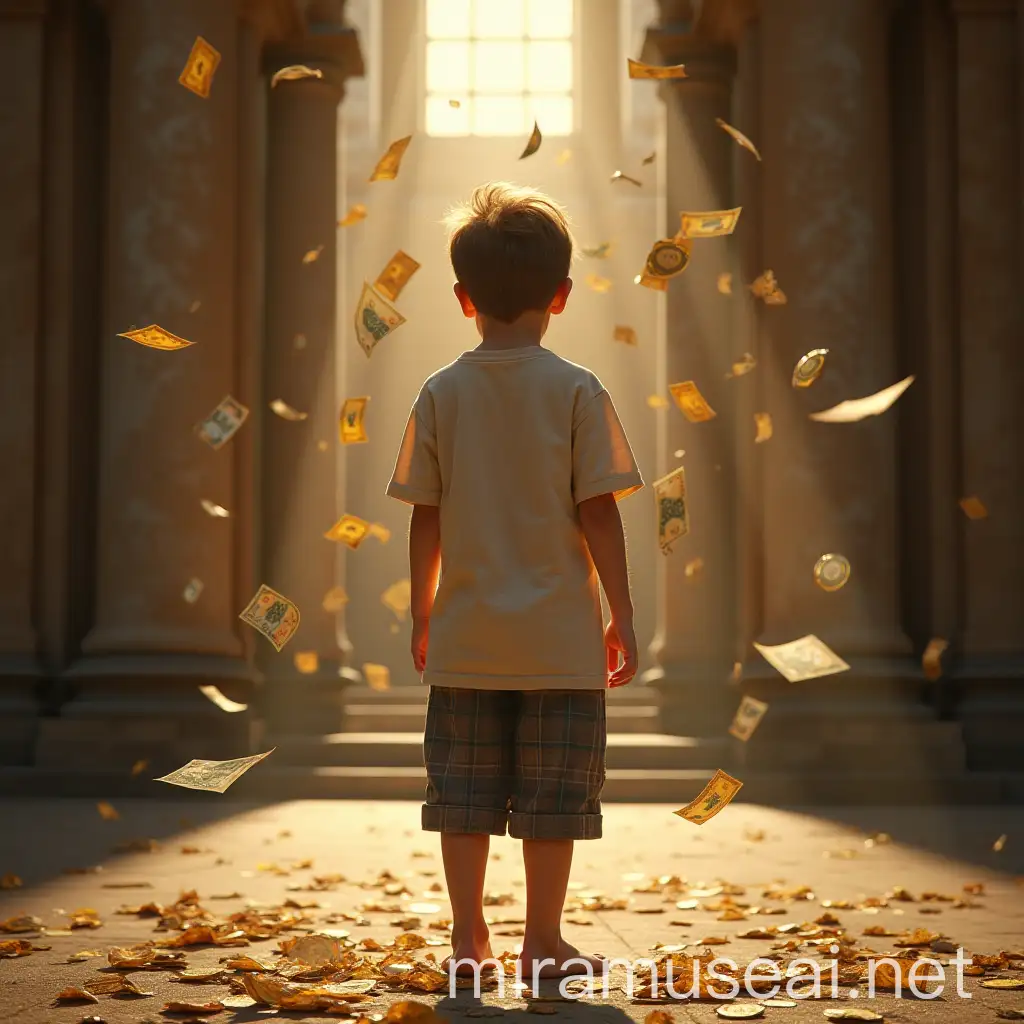 For a 10 year old European boy, the representation of the attraction of money, luck and success. The boy is standing, barefoot in a magnificent setting.