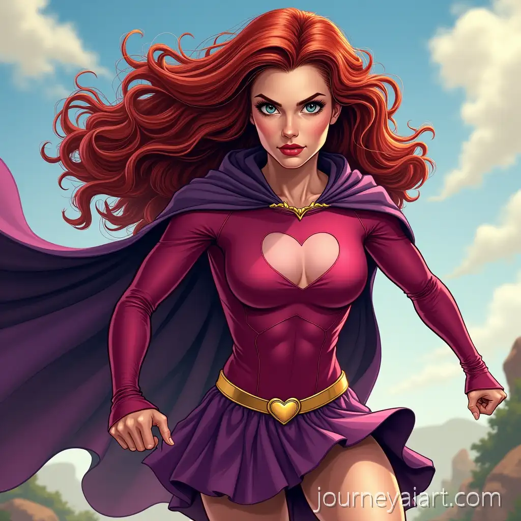 Rachel-Hurd-Wood-as-a-Superheroine-with-Dark-Red-Hair-in-Action