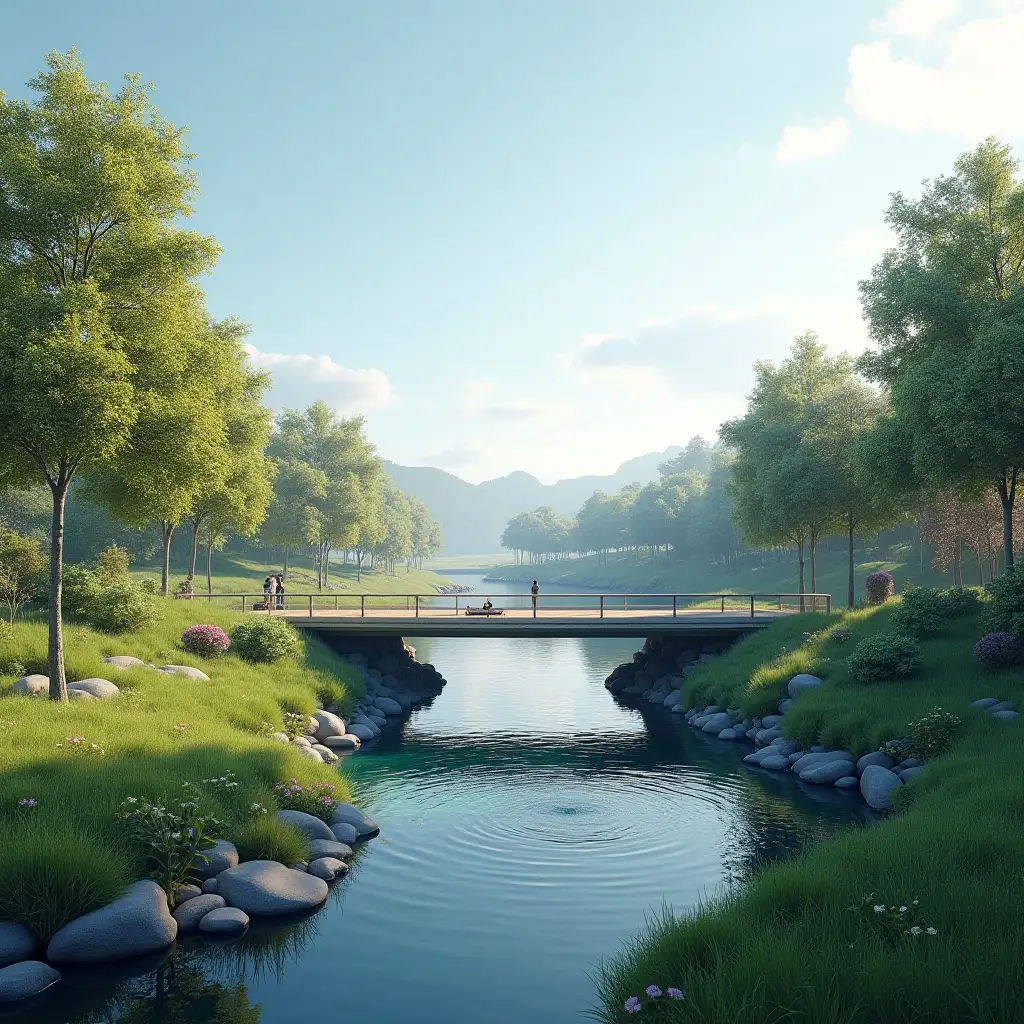 user_prompt:   designing a modern bridge with beautiful nature surrounding the bridge structure