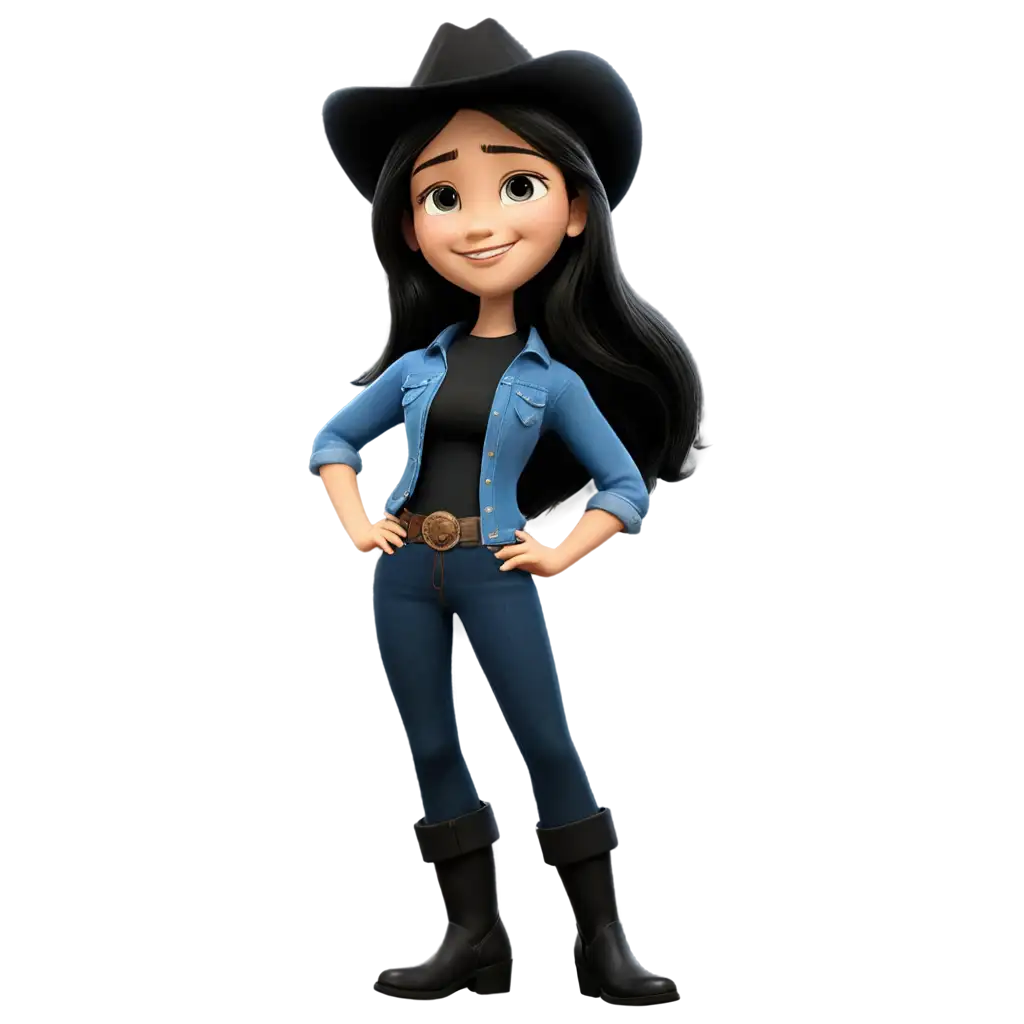 ANA-Castela-in-Pixar-Style-PNG-Long-Black-Hair-Cowboy-Hat-Denim-Jacket