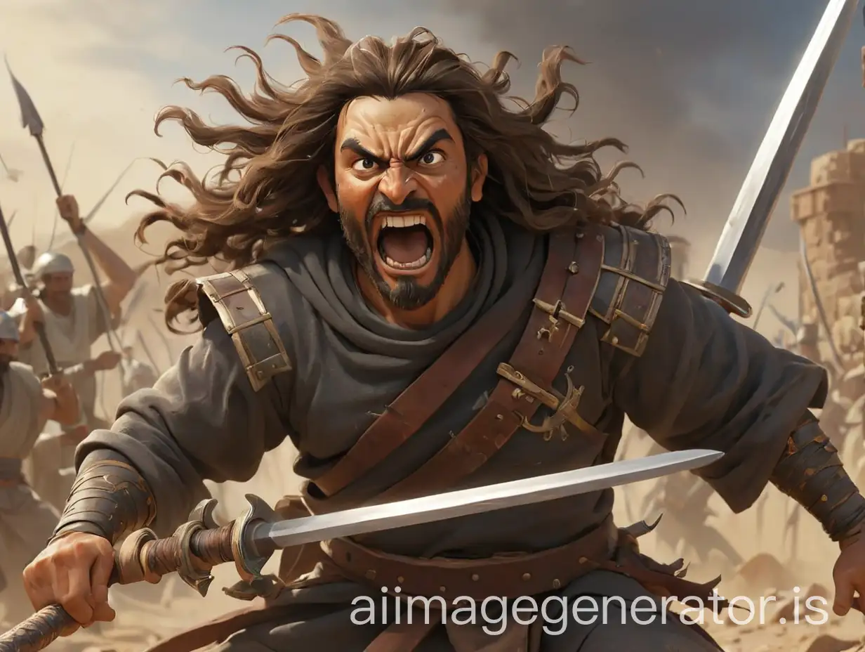 image of Al-Barra' holding a sword, face full of spirit,In the midst of fierce battle