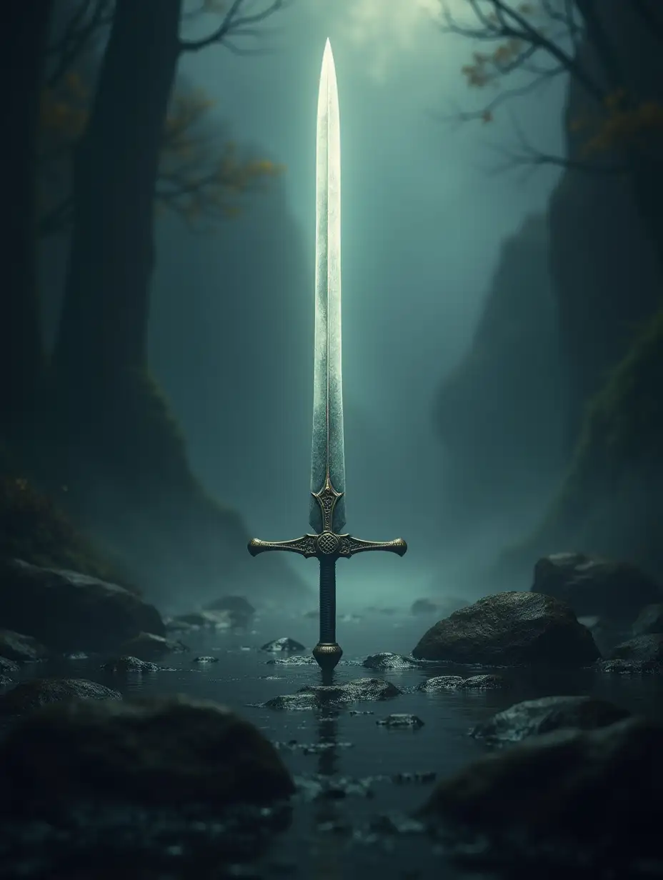 A stunning and cinematic fantasy scene featuring A long and slender sword...