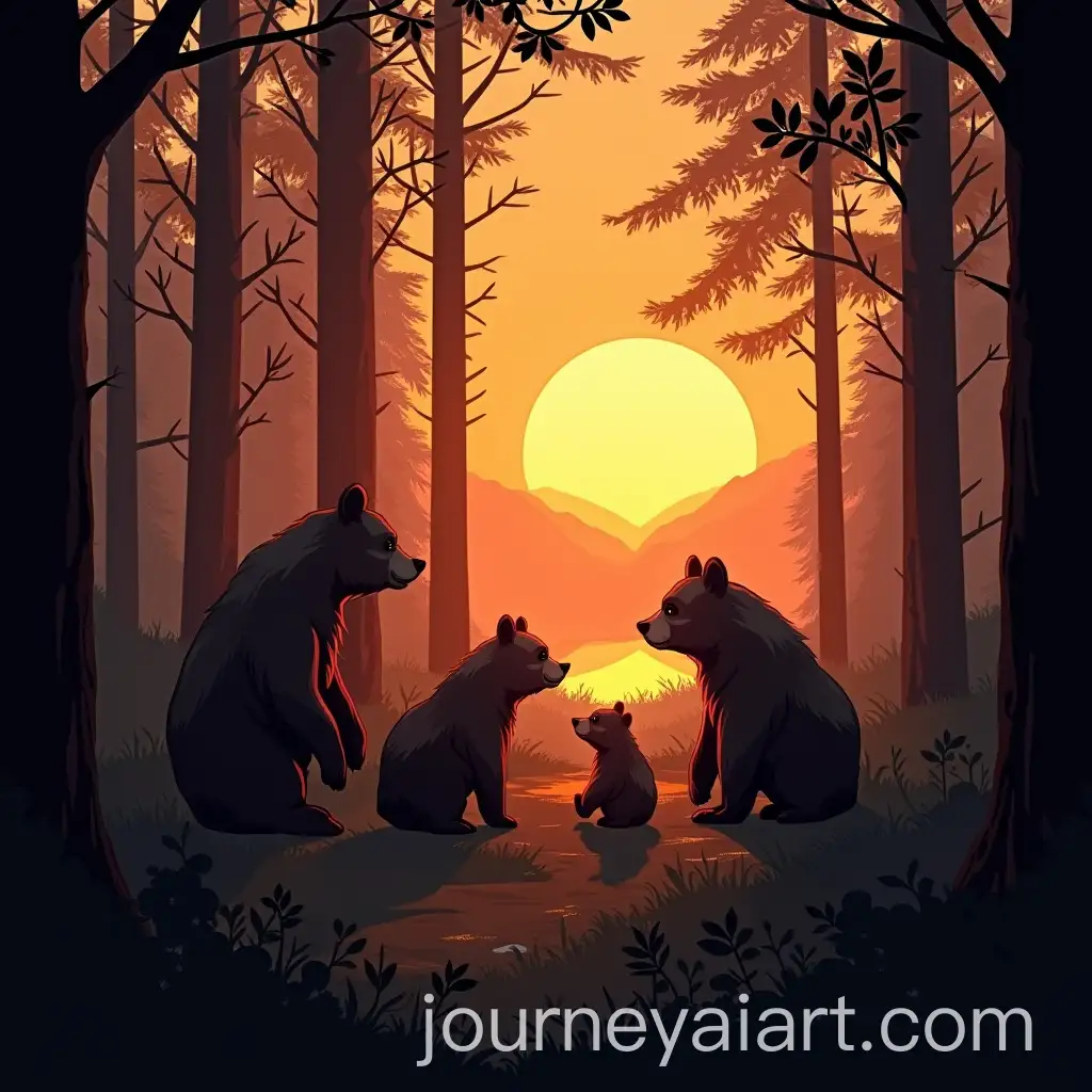 Family-of-Bears-in-a-Forest-at-Sunset