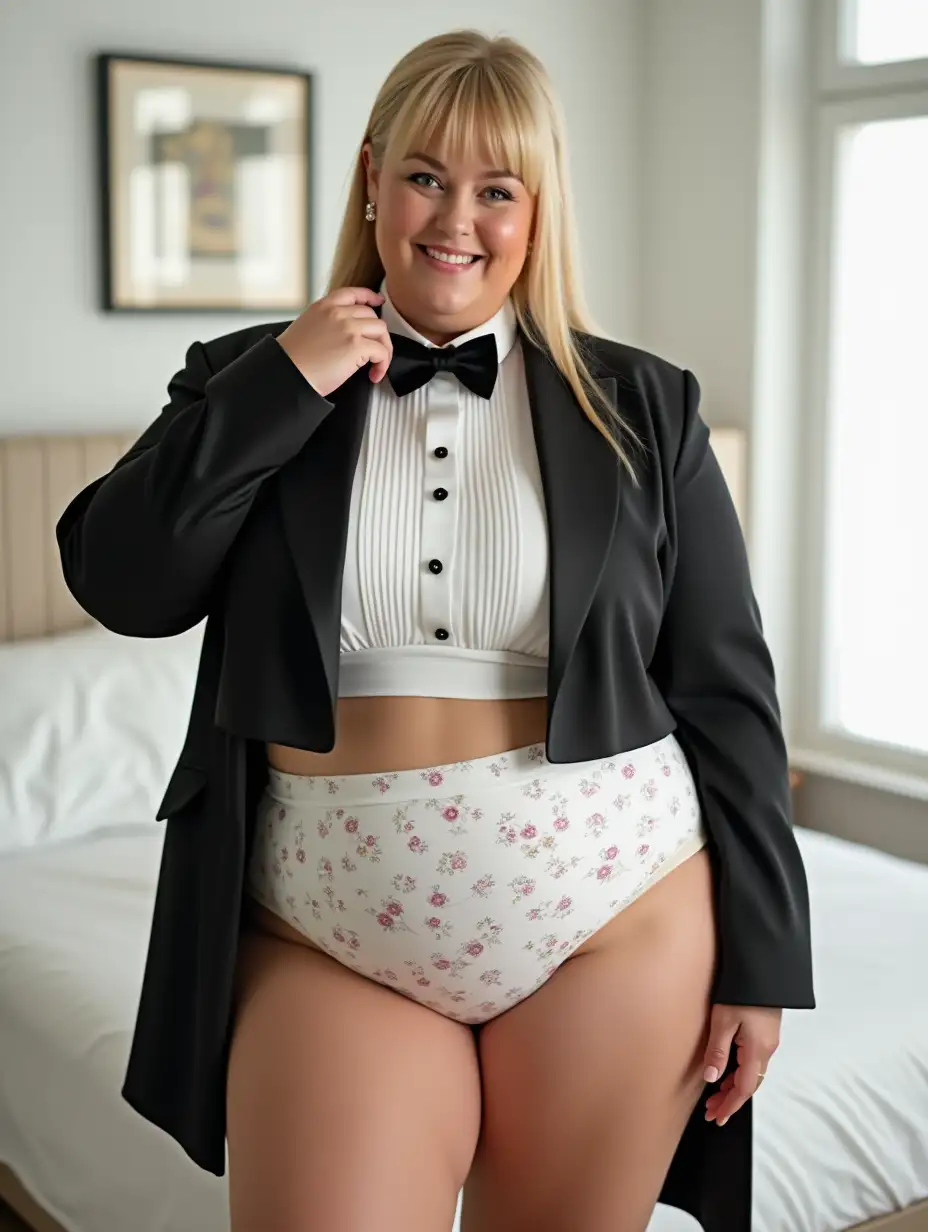 photo realistic, sweet smiling middle-aged larger plump obese body type with large wide hips Caucasian female woman, with long blonde pulled back hair with bangs, wearing a very formal orchestra concert tuxedo with black long sleeve high cut cropped above waist Eton jacket, (white cropped above waist tuxedo shirt, with high standing wingtip collar, and many thick vertical pleats front), (black diamond point bow tie with black adjustable neckband), white with many matching multicolored super tiny micro stars all over floral pattern print, very tight mid-rise high cut cotton brief with bright white waistband, bare legs, high heels, looking at viewer while tugging on bow tie, in a white bedroom, full body front view.