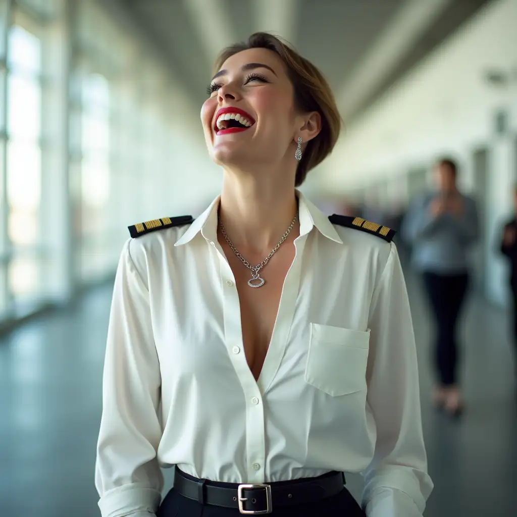 white lady , in white deep-necked pilot button shirt, decolte, laughing with her mouth open, red lipstick accentuating her smile,belt on waist, big wide hips, chest are fully grown, jewerly, short hair, HD, airport, photo-realism