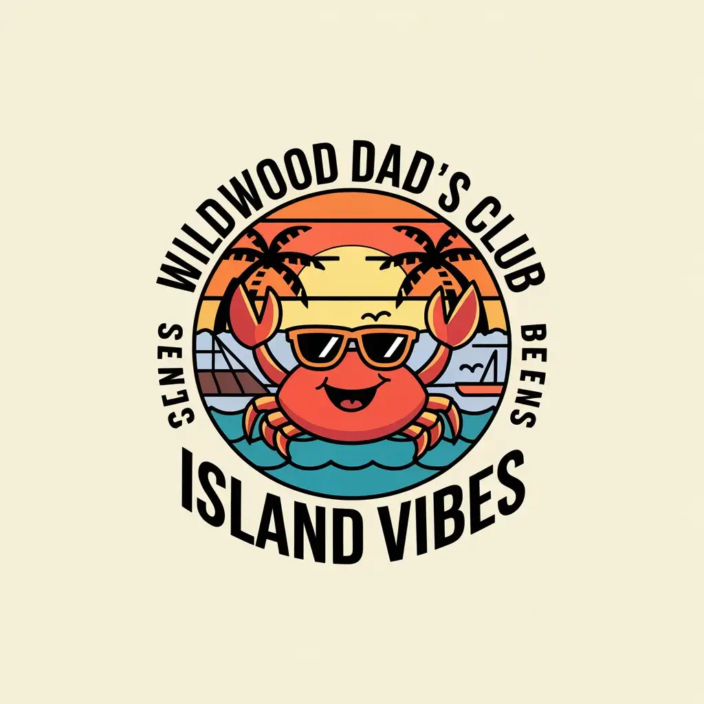 LOGO Design for Wildwood Dads Club Presents Island Vibes Cartoon Crab with Sunglasses Island Theme Ocean and Sunset