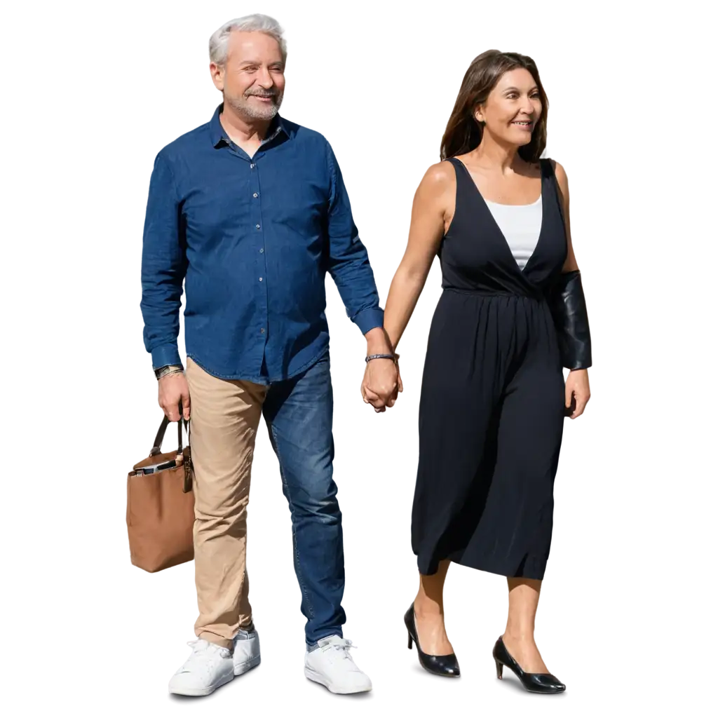 a man of 50 and a woman of 20 years holding hands walking in the street looking forward