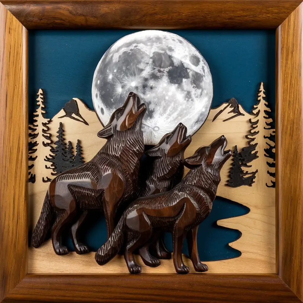 Carved Dark Wooden Animal Wolf pack in Alaska howling in Wooden Frame