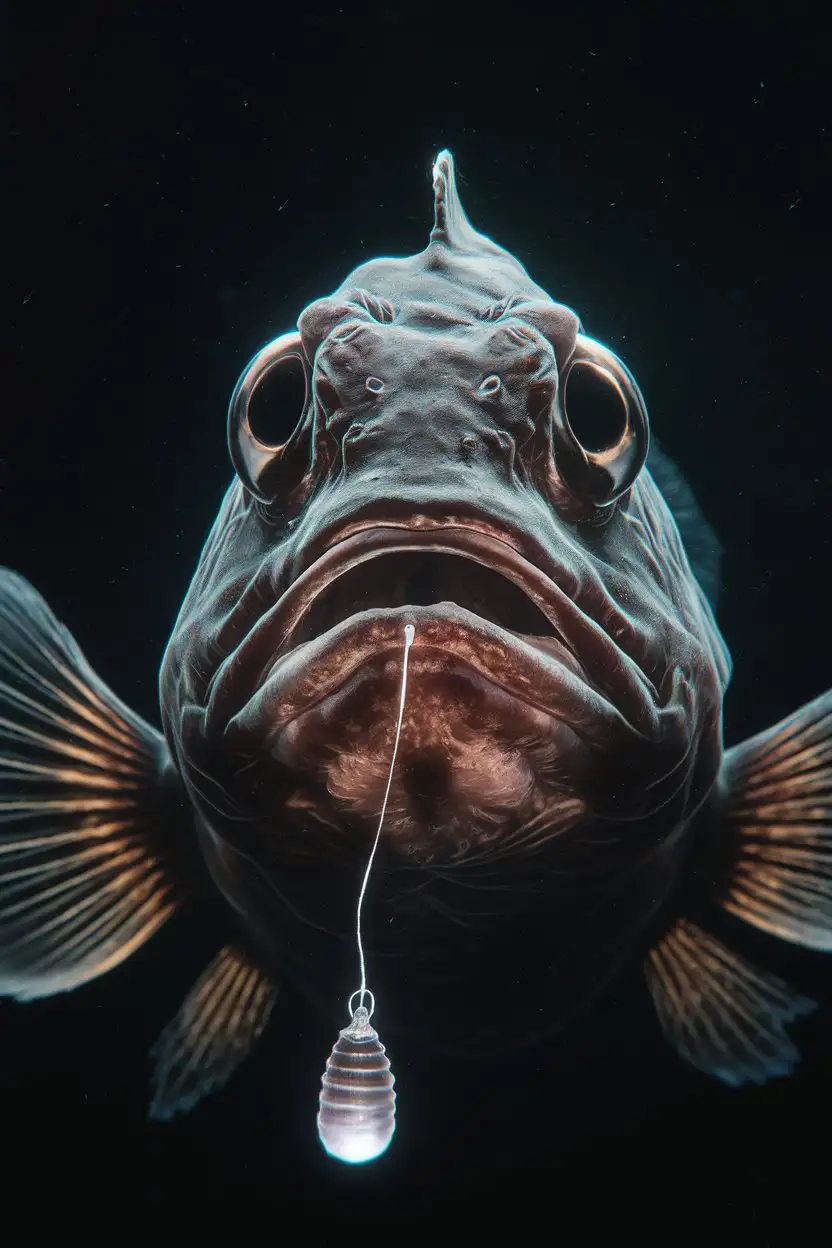 Ultra-realistic, dramatic close-up portrait of a female anglerfish in the abyssal zone. Deep black background, only the anglerfish is illuminated by a faint, ethereal bioluminescent light emanating from its esca. Focus on the anglerfish's grotesque but fascinating features: large, bulbous eyes, gaping mouth, and bioluminescent lure dangling invitingly. Capture the feeling of deep-sea mystery and otherworldly strangeness. Style of a high-resolution nature documentary photograph, National Geographic style, award-winning photography.