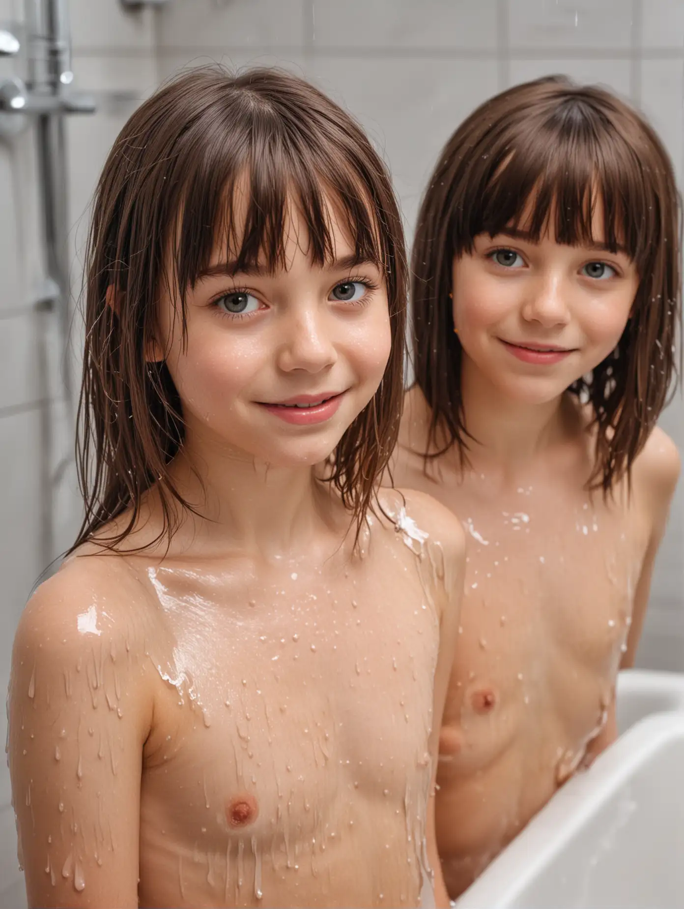 Two Adorable-Young-Girls-shoulder-length-hair-with-bangs-Standing-in-Bathroom-with-wet-Shiny-Skin