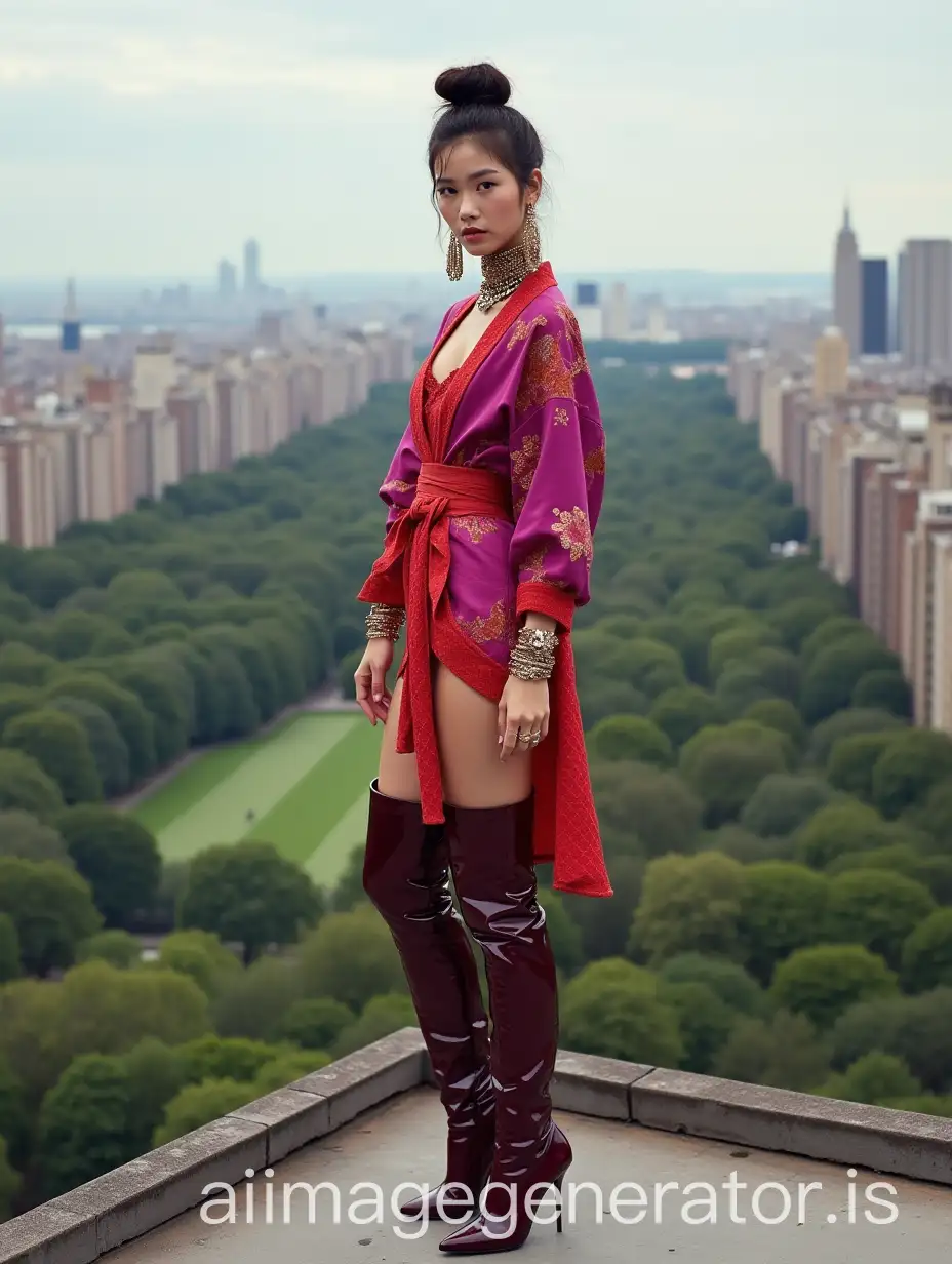 Japanese-Model-in-Fuchsia-Kimono-on-Rooftop-Over-Central-Park