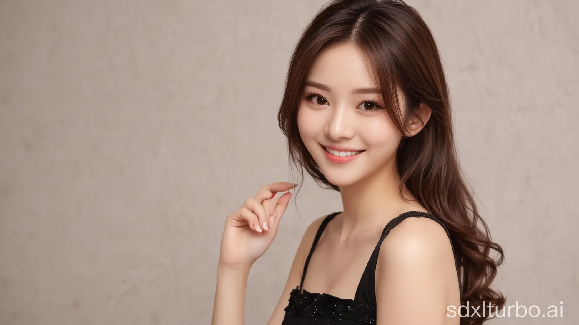 Zhao-Lusi-Smiling-in-a-Fitted-Dress-with-Brown-Hair-and-Black-Eyes