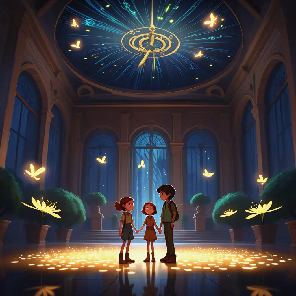 Jules and Lina Exploring the Enchanted Grand Hall of Fireflies