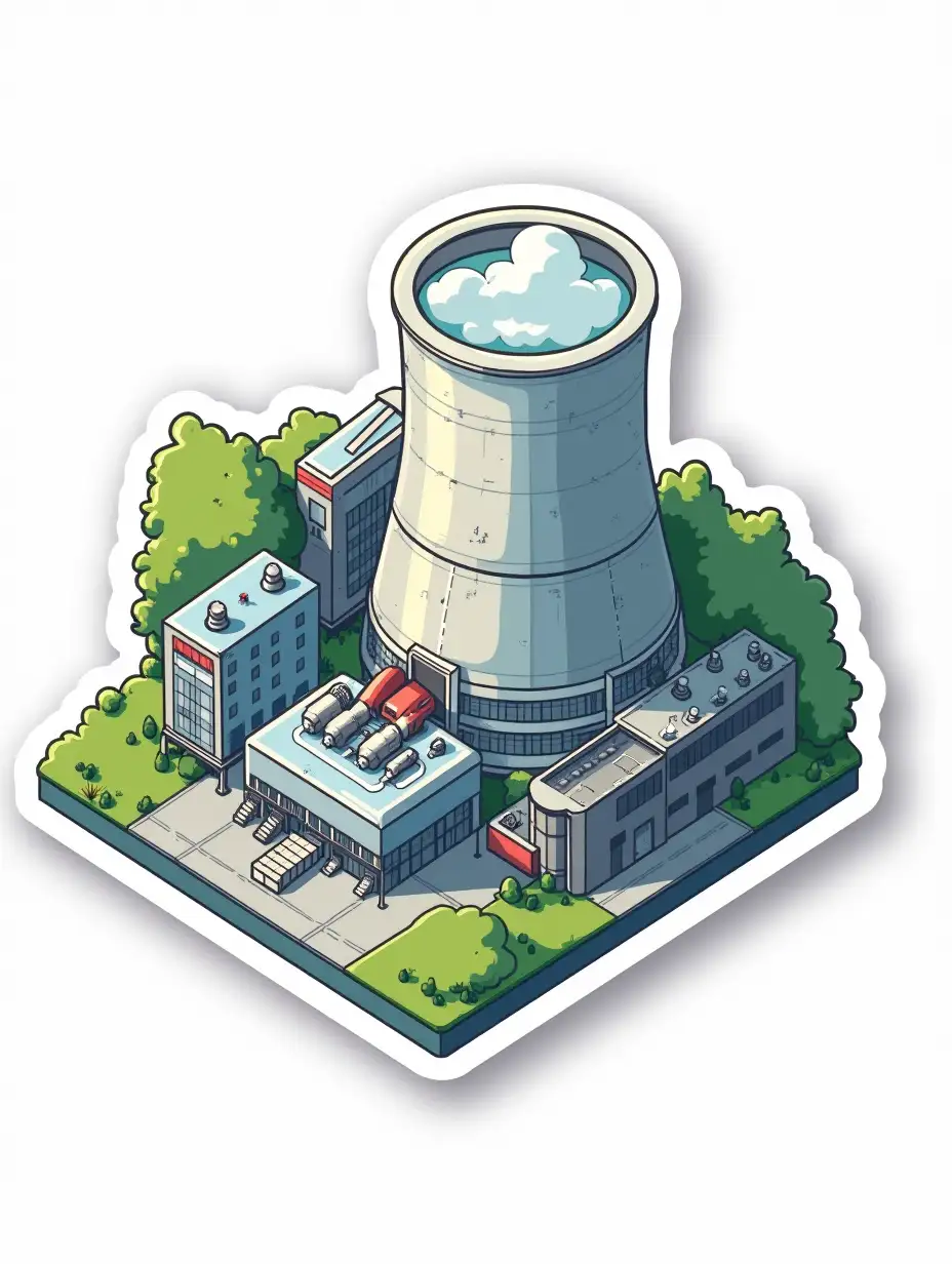 kawaii nuclear power plant like Russian nuclear power units reactor of PWR type,  Sticker design - top view, high resolution, vector graphics, white background, anime-style coloring