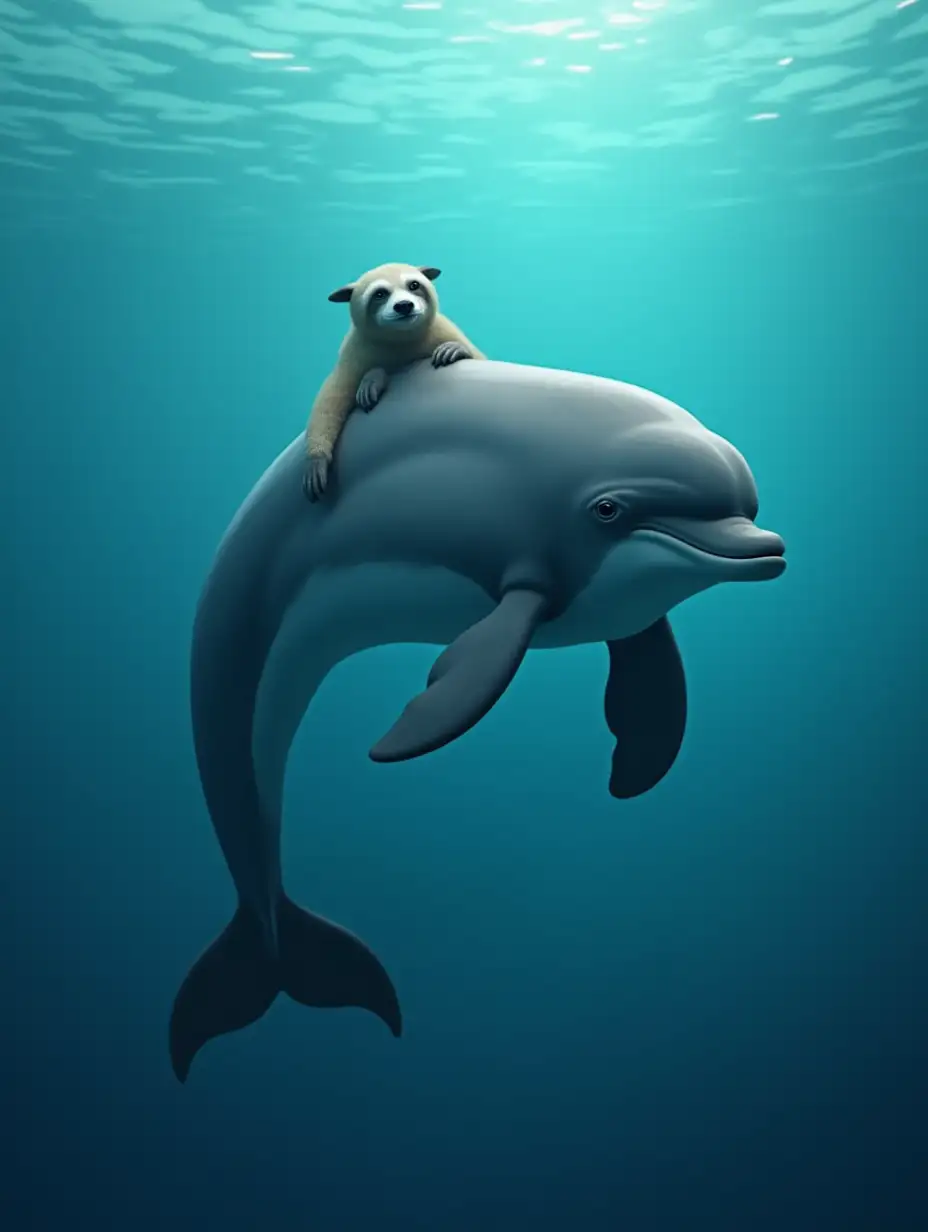 create an animated-realistic image of Dolphin with a Sloth underwater