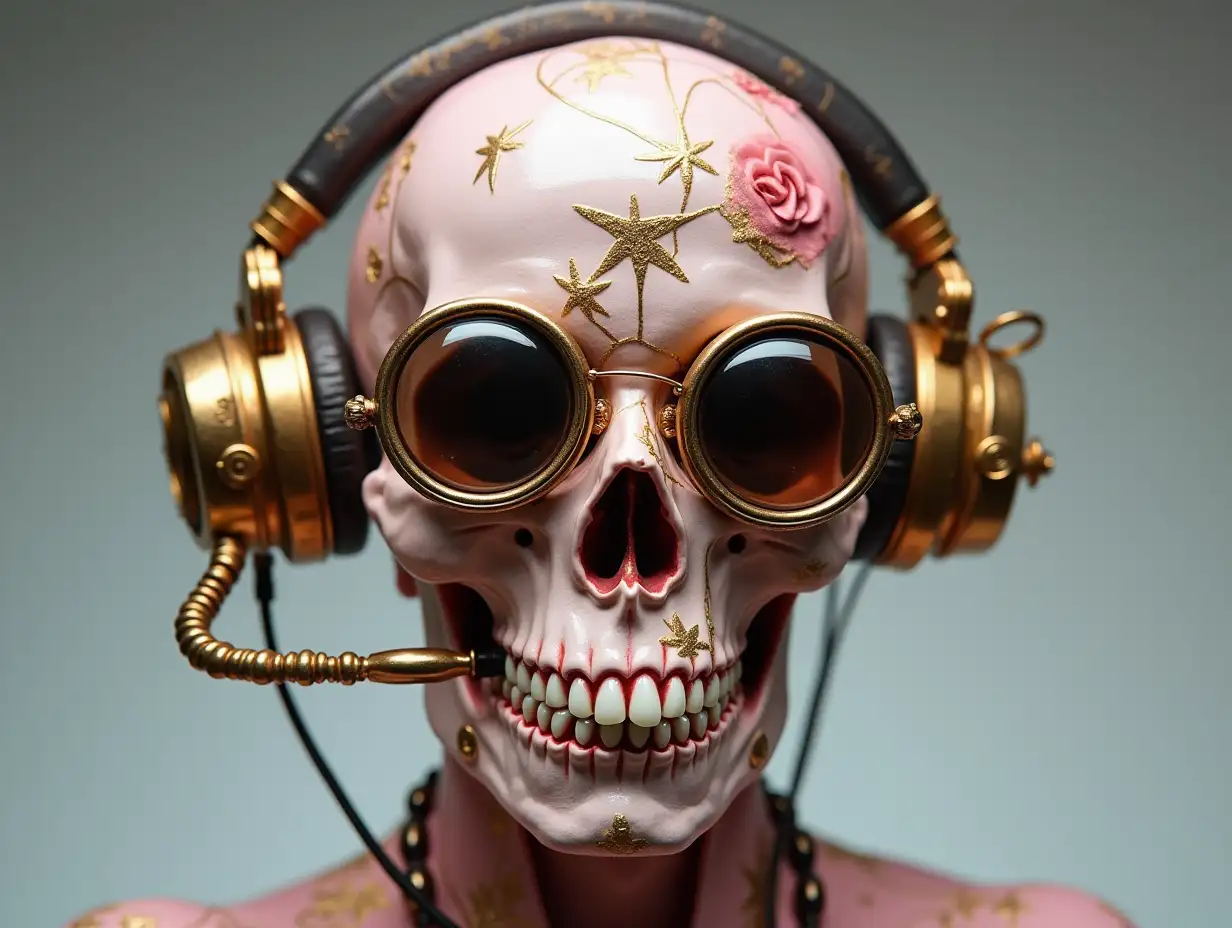 Cyber Totenkopf mit Kopfhörer mit Glasaugen, Porcelain and pink with golden ornaments Steampunk 100 mm Capture