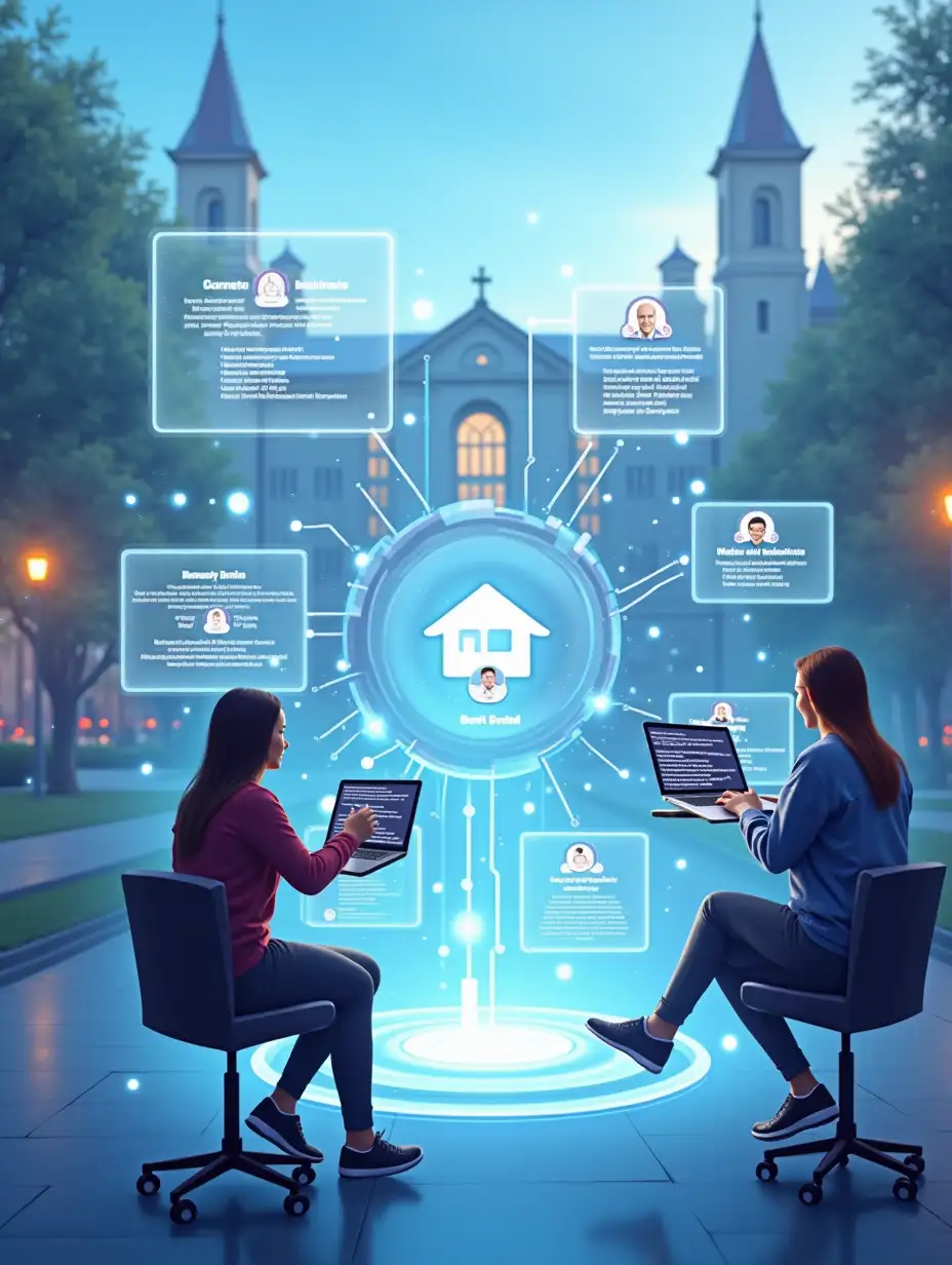 A modern, futuristic digital platform connecting students with companies. A sleek, professional interface displaying job listings and company logos, with students browsing opportunities on laptops and mobile devices. The background features a university setting, symbolizing education and career growth. The theme is clean, tech-inspired, and visually represents transparency and accessibility