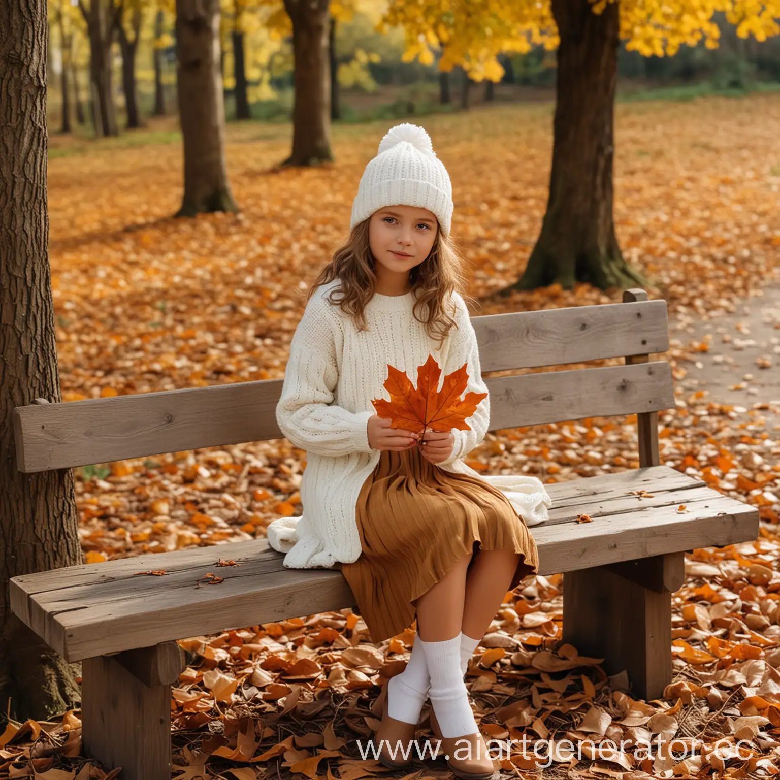 Girl-Sitting-on-Bench-in-Autumn-Holding-a-Leaf