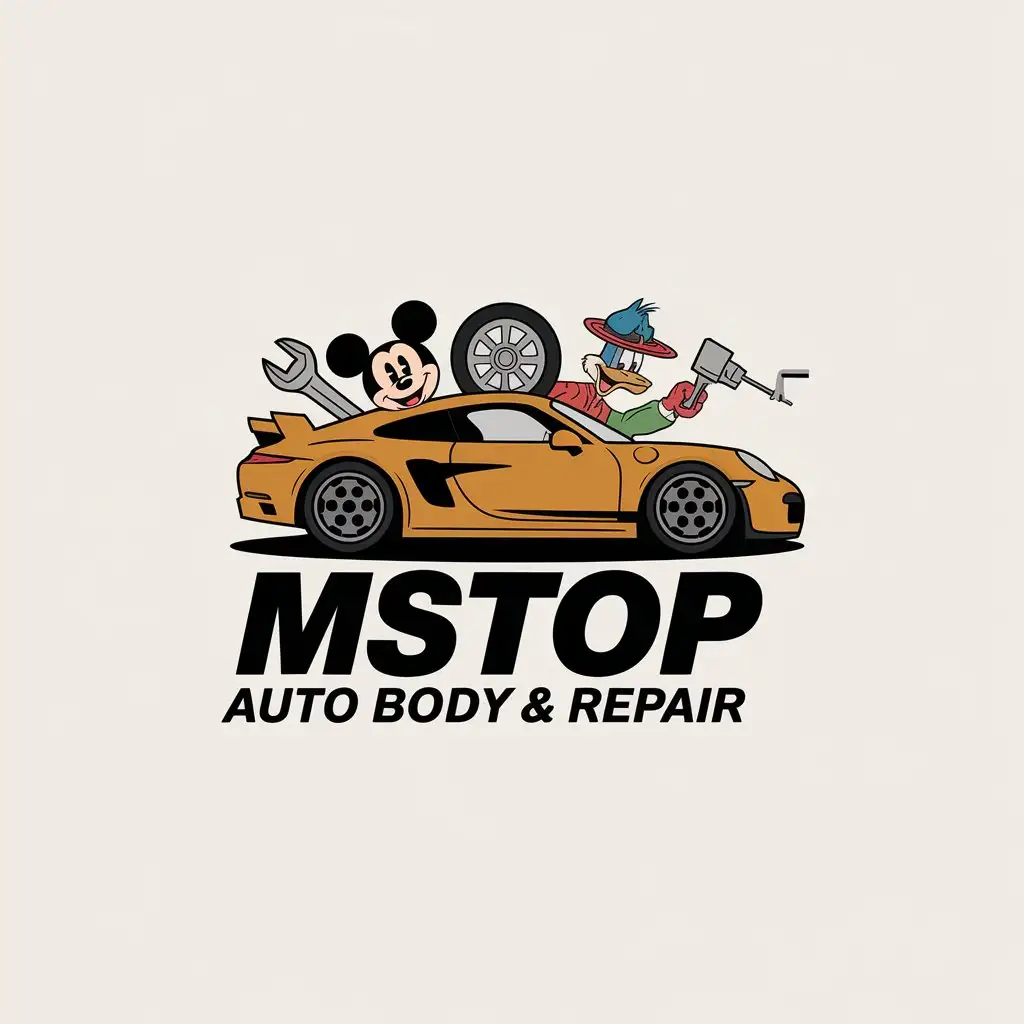 LOGO Design for MSTOP AUTO BODY REPAIR Featuring Super Foreign Car Elements with Cartoon Characters