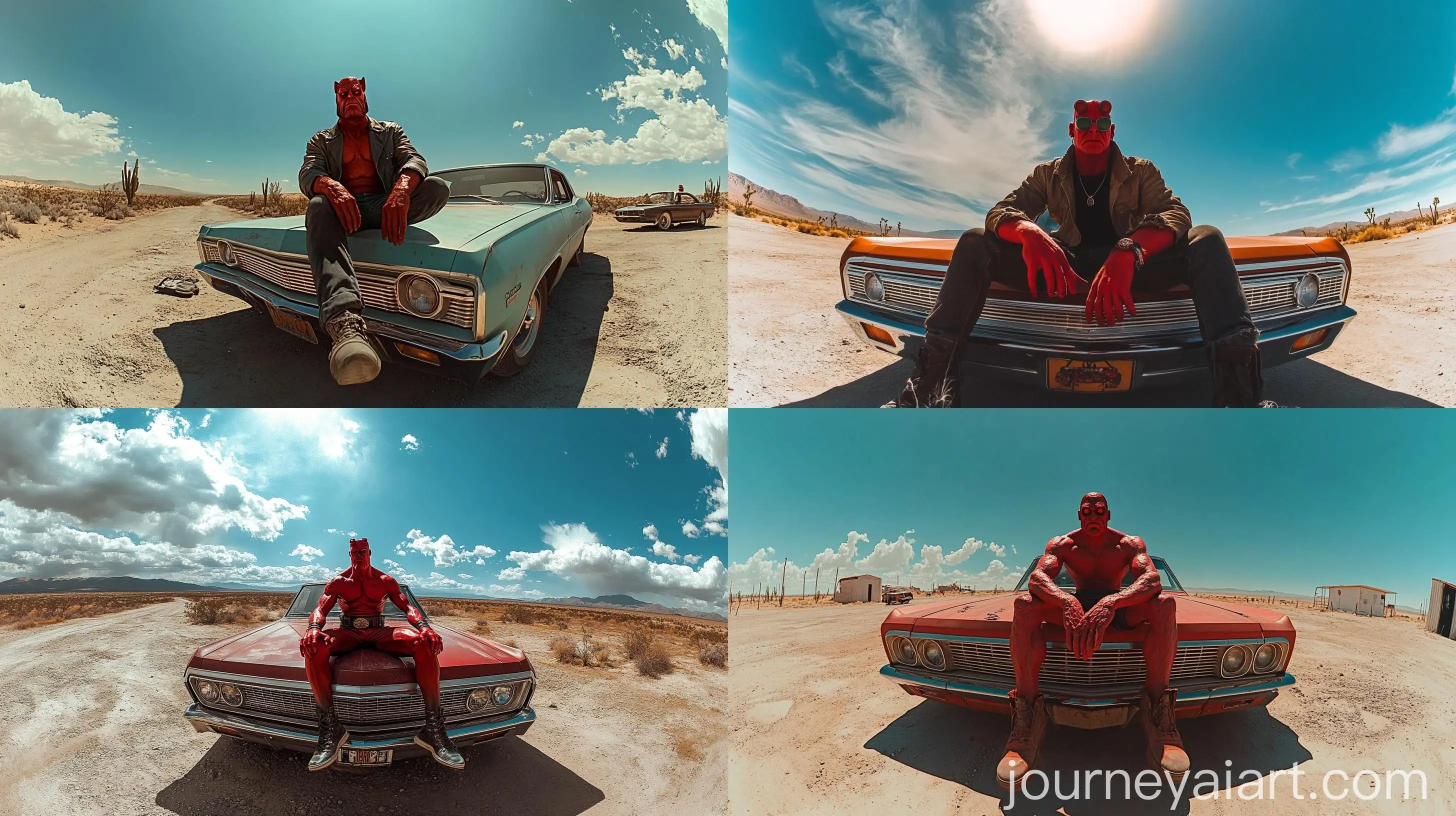 Hellboy-Sitting-on-a-1967-Chevy-Impala-in-Desert-Landscape