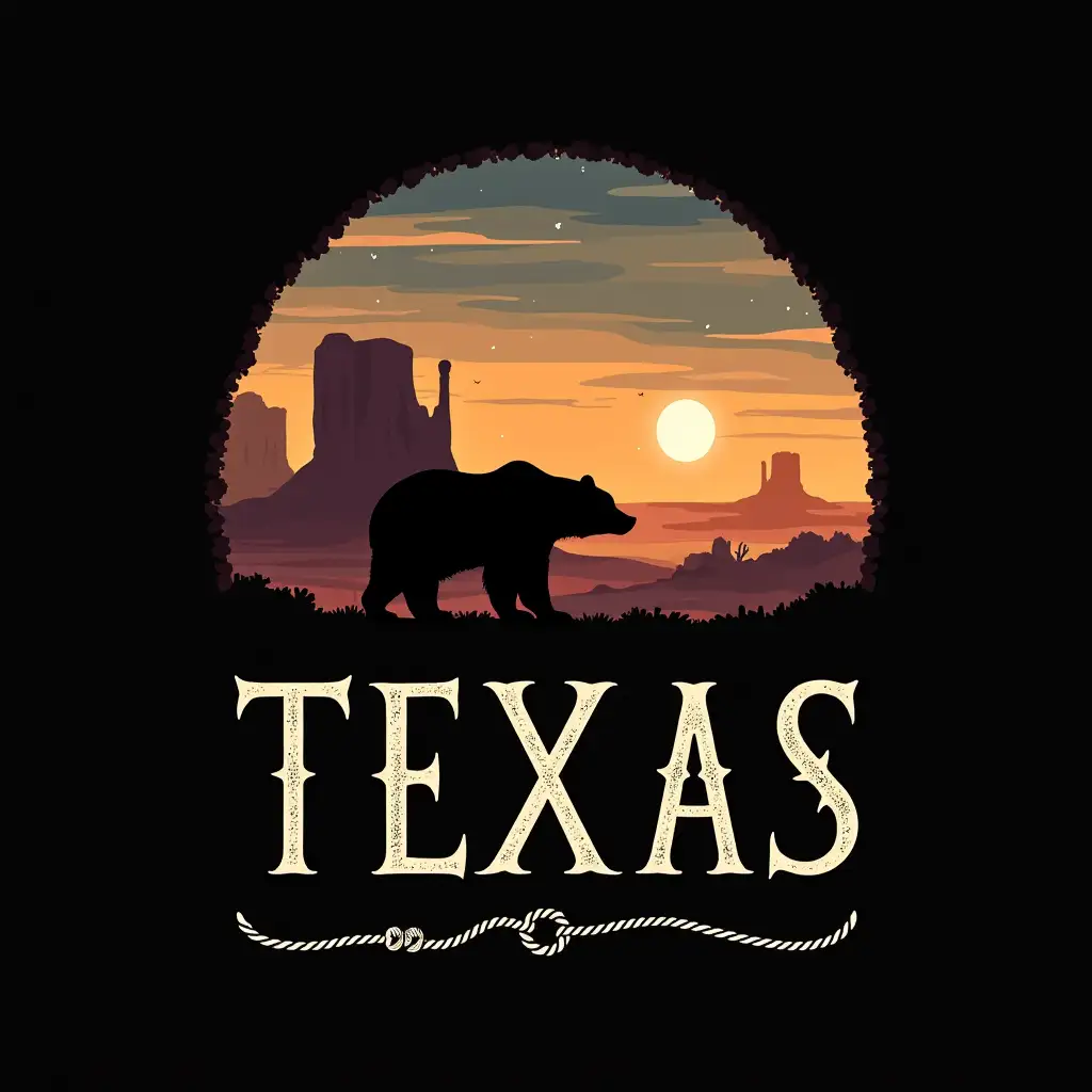 Texas in bold white capital letters featuring a nautical rope weave. Silhouette of a bear, facing right, on a solid black background. The interior space contains abstract representations of a desert landscape with stylized rock formations and distant, rolling hills. Colors range from rustic oranges to deep purples against a sunset sky. The scene embraces a more illustrative than realistic depiction of Texas's vast terrain.