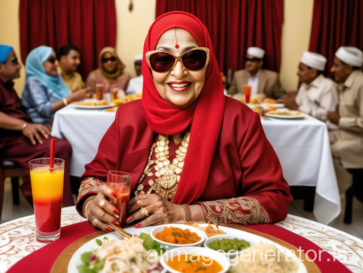 Elderly-Muslim-Woman-in-Red-Hijab-Smiling-at-Wedding-Feast