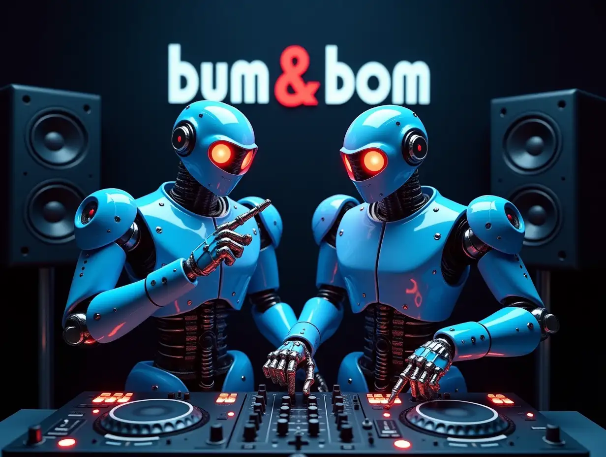 The image shows two robots in a music studio. The robots are dressed in blue and white suits with red eyes and are standing in front of a DJ mixer. They point their fingers at the mixer and appear to be in the middle of a recording session. The background is dark and there are two large speakers on either side of the robots. Above the robots, “bum & bom” is written in white letters. The overall mood of the image is futuristic and energetic