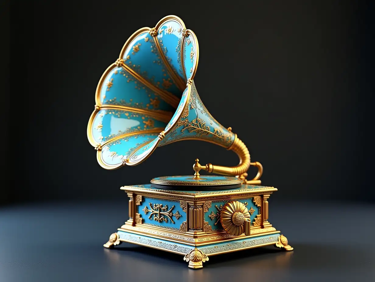 A very detailed image of a gramophone made of glass and porcelain with gold and blue ornaments  4K resolution colorful