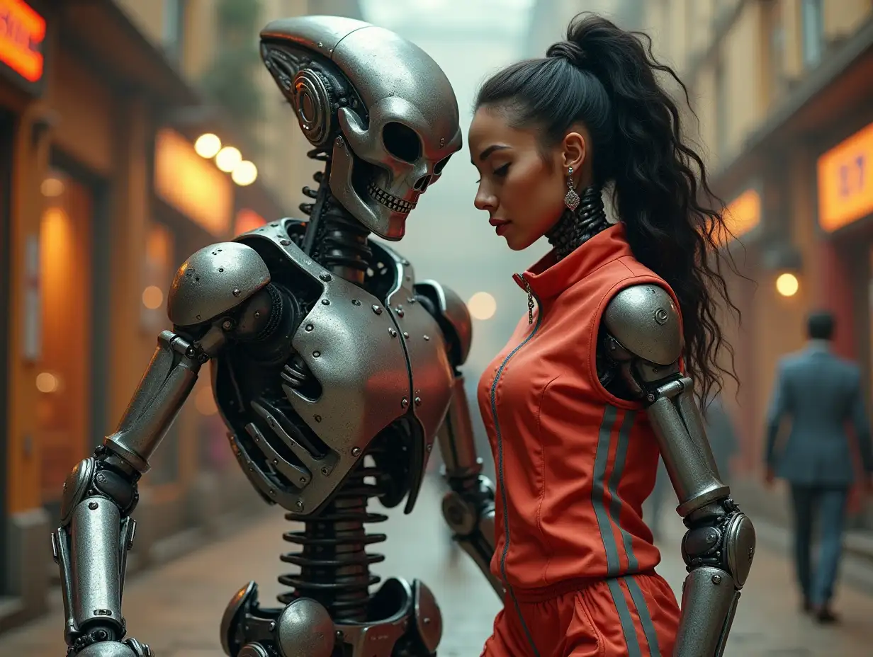 Create a high-resolution, realistic image of a robot dancing with a woman. It has a skeleton body, metal hands and the head of an alien, a stylish tracksuit, steel hair and a Walkman in its hand. 4K resolution (Steampunk-8K quality)