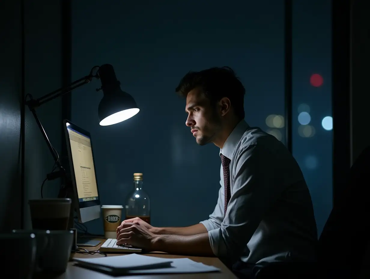 A dimly lit office cubicle late at night, with empty coffee cups and work papers strewn across the desk. Daniel, now in his late 20s, sits at the desk, staring blankly at a glowing computer screen with a nearly finished bottle of whiskey next to him. His tie is loosened, and his face is tired and drawn, with dark circles under his eyes. A faint reflection of city lights from the window behind him contrasts with the oppressive atmosphere of the small, claustrophobic space.