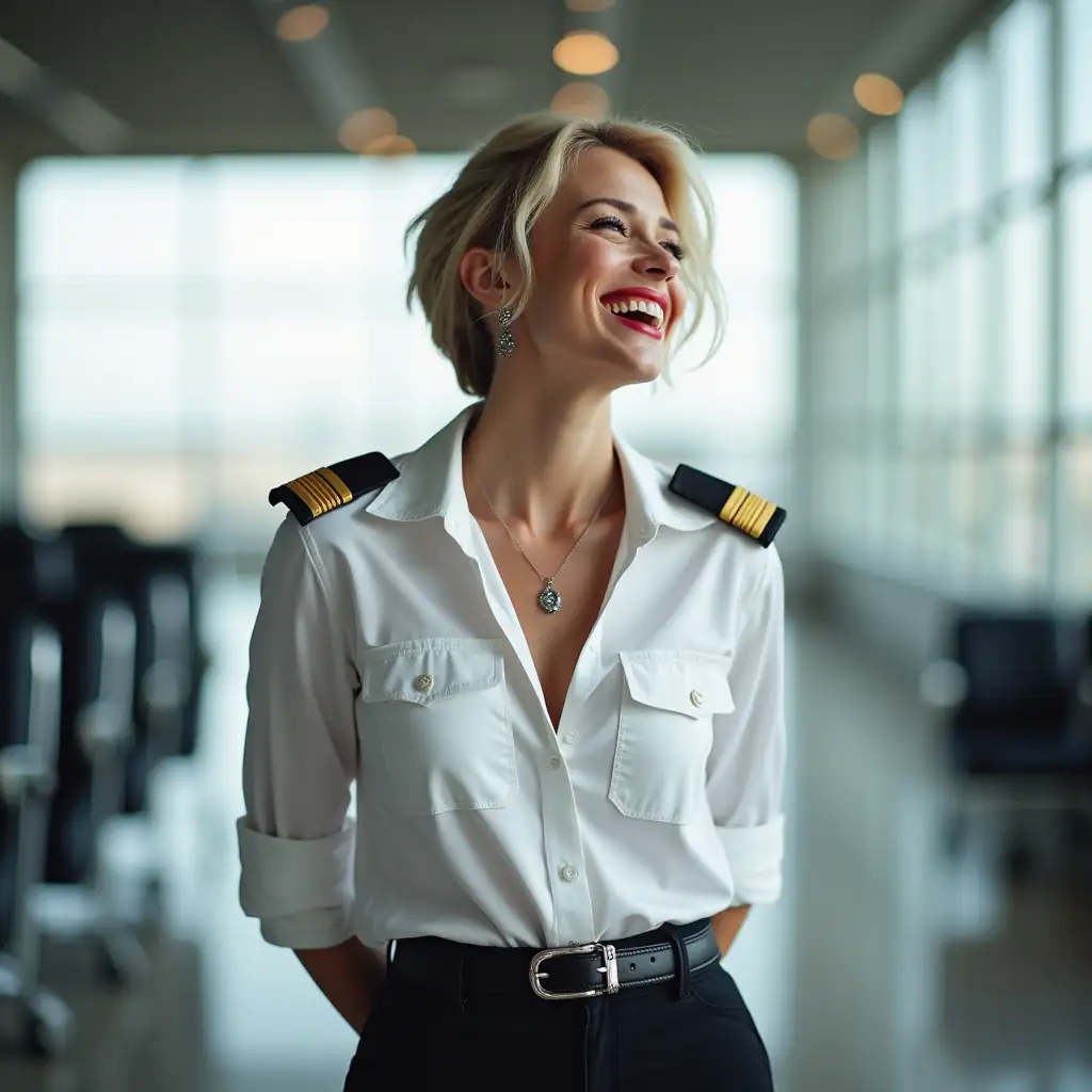 white norvegian pilot lady, in white deep-necked pilot shirt, laughing with her mouth open, red lipstick accentuating her smile,belt on waist, big wide hips, chest are fully grown, jewerly, short hair, HD, enjoing at airport , photo-realism