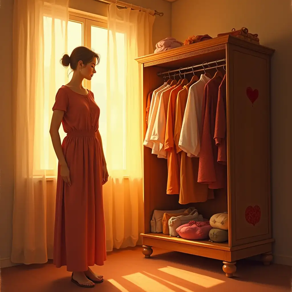 Using warm-toned background colors, I expressed the cozy feeling of a grandmother. The light coming through the window and the silhouette of the grandmother convey a sense of longing. The wardrobe and the clothes inside represent the traces of the grandmother. A heart shape symbolically expresses love and longing, and flowing lines depict memories and fragrance.