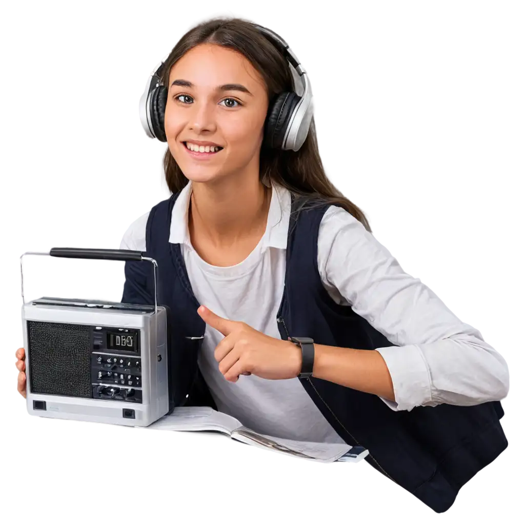 Create an image of a student listening to the radio and doing science