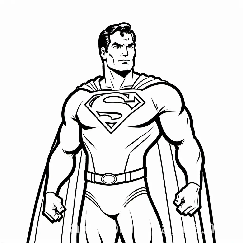 superman, Coloring Page, black and white, line art, white background, Simplicity, Ample White Space. The background of the coloring page is plain white to make it easy for young children to color within the lines. The outlines of all the subjects are easy to distinguish, making it simple for kids to color without too much difficulty