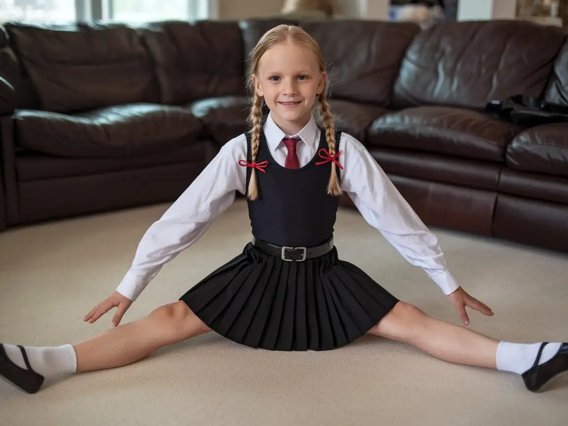 Youthful-Ballet-Dancer-in-Leotard-and-Skirt-Posing-on-Living-Room-Floor