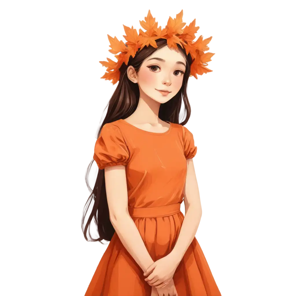 Beautiful-Girl-in-an-Orange-Dress-with-Maple-Leaf-Wreath-HighQuality-PNG-Image-for-Versatile-Use