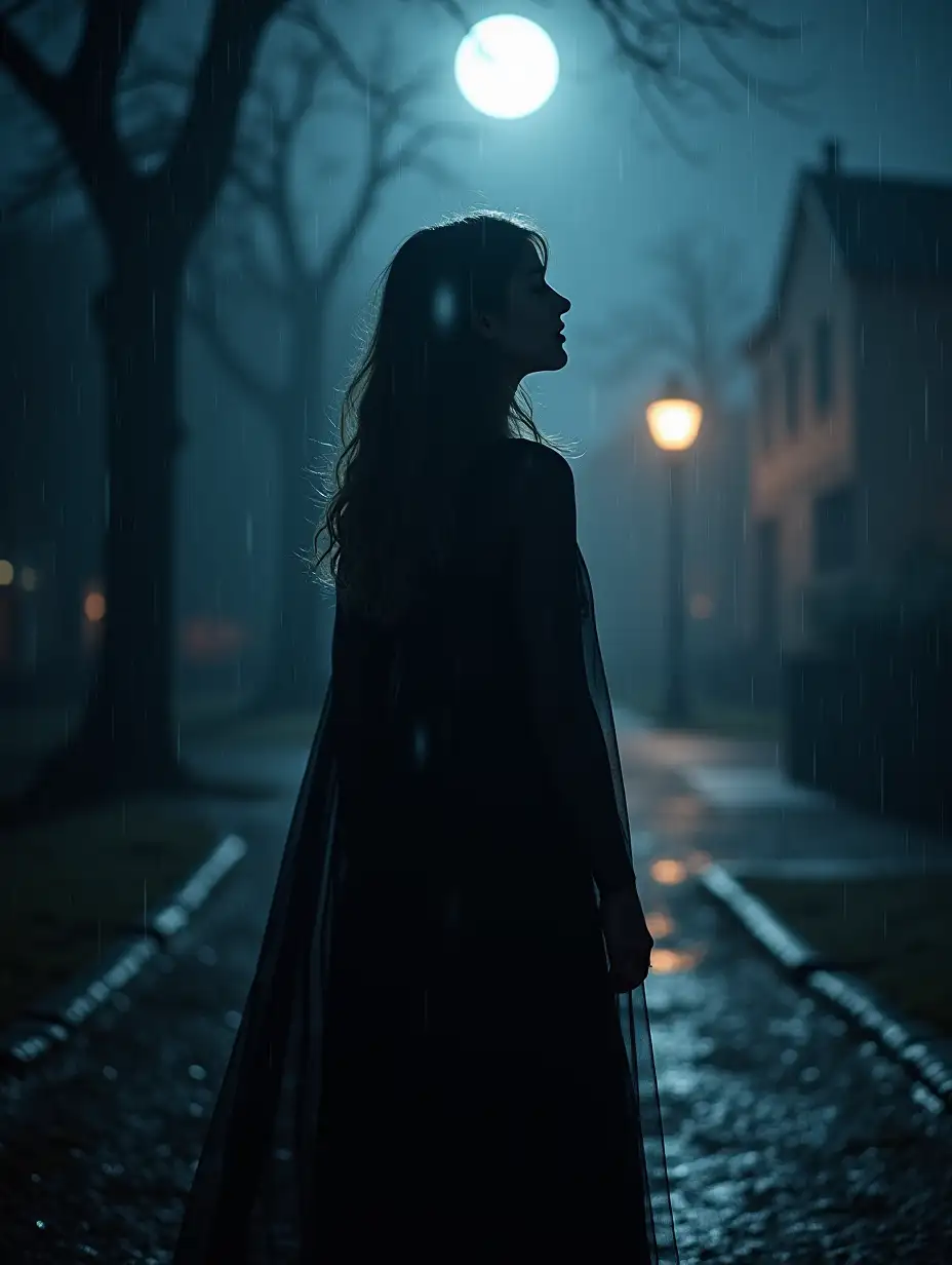 Beautiful-Girl-Vampire-in-the-Rain-Under-a-Full-Moon-on-Halloween-Night