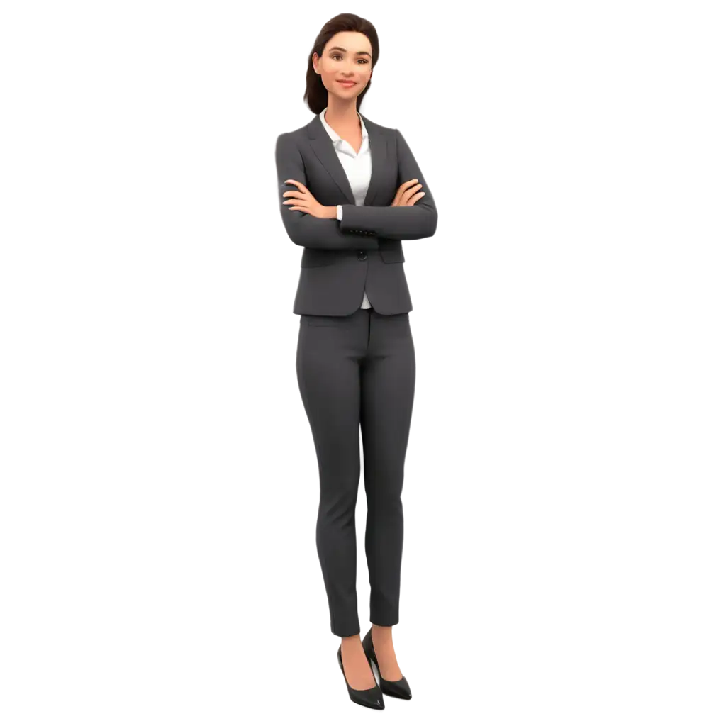 Generate a 3D image of a human lady. With a smiling expression wearing suits with trousers.folding hands and ready for a consultancy space