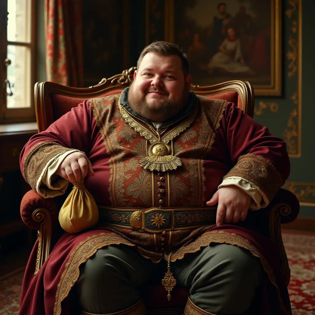 An morbidly obese man with short brown hair and double chin dressed in lavish traditional slavic clothes sitting on a chair in a middle of a palace room with a small bag of gold coins in his hand